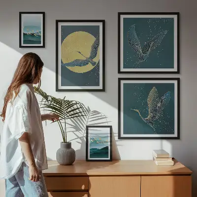 Set van moderne schilderijen met landschappen, vogels en een nachtelijke hemel