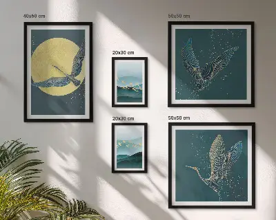 Set van moderne schilderijen met landschappen, vogels en een nachtelijke hemel