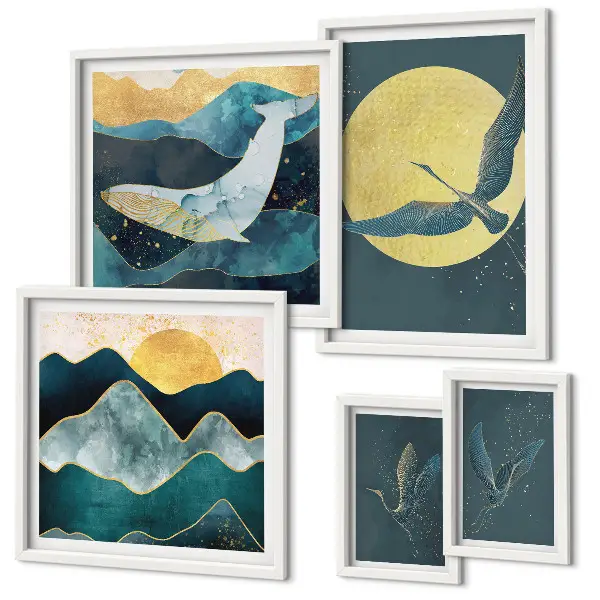 Wanddecoratie compositie met vogels en bergen in een moderne stijl
