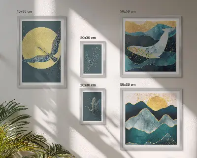 Wanddecoratie compositie met vogels en bergen in een moderne stijl