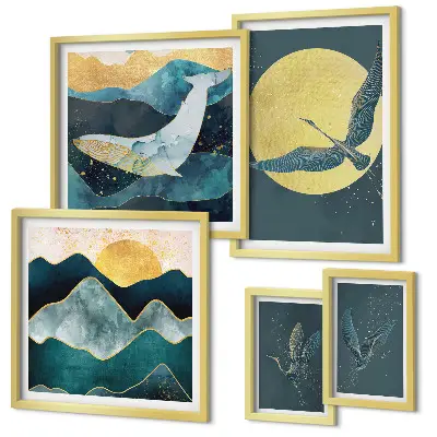 Wanddecoratie compositie met vogels en bergen in een moderne stijl