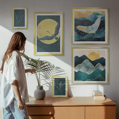Wanddecoratie compositie met vogels en bergen in een moderne stijl