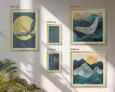 Wanddecoratie compositie met vogels en bergen in een moderne stijl