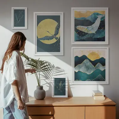 Wanddecoratie compositie met vogels en bergen in een moderne stijl