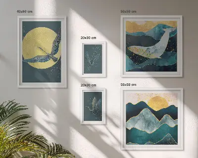 Wanddecoratie compositie met vogels en bergen in een moderne stijl