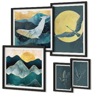 Wanddecoratie compositie met vogels en bergen in een moderne stijl