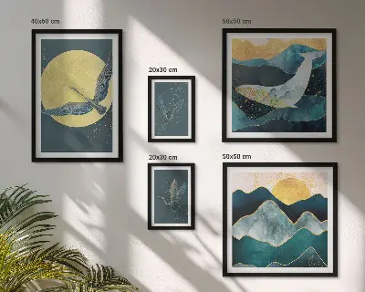 Wanddecoratie compositie met vogels en bergen in een moderne stijl
