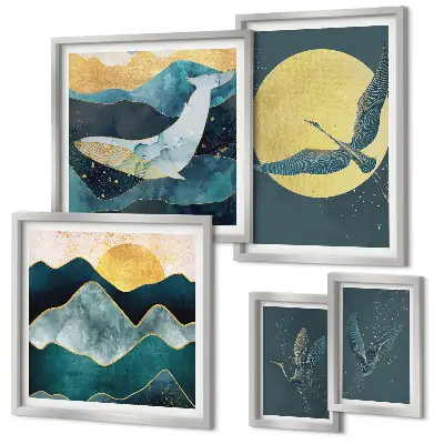 Wanddecoratie compositie met vogels en bergen in een moderne stijl