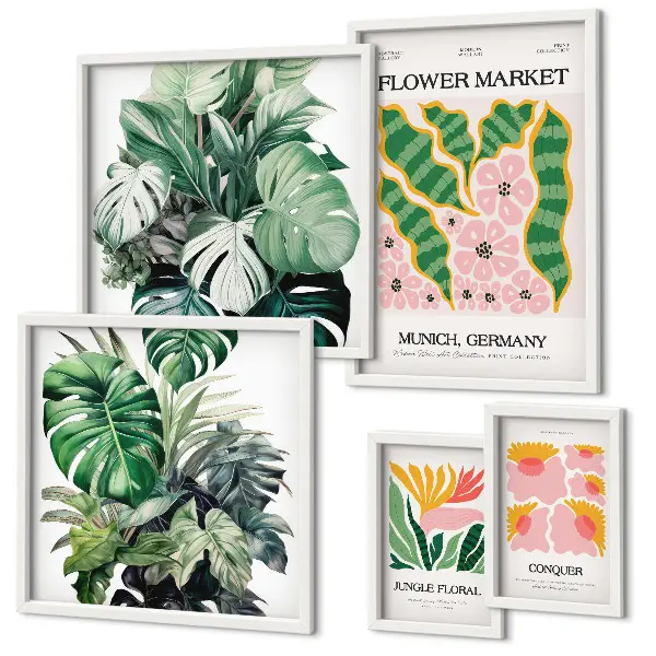 Moderne schilderijen set met boho bloemen en plantenmotieven