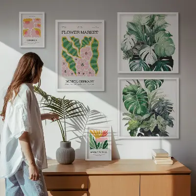 Moderne schilderijen set met boho bloemen en plantenmotieven