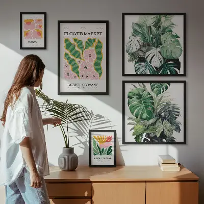 Moderne schilderijen set met boho bloemen en plantenmotieven