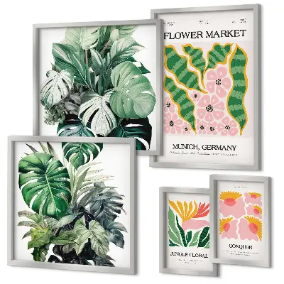 Moderne schilderijen set met boho bloemen en plantenmotieven