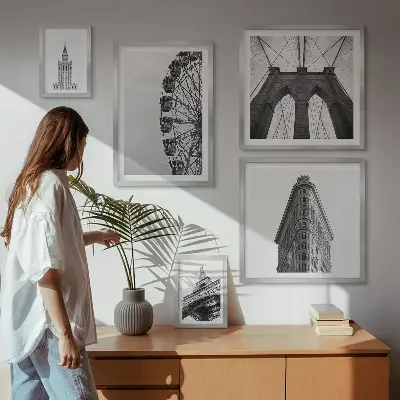 Moderne schilderijen set Zwart-witte stedelijke architectuur