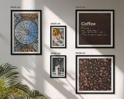 Set van moderne schilderijen met koffiesnoepjes in rustieke stijl