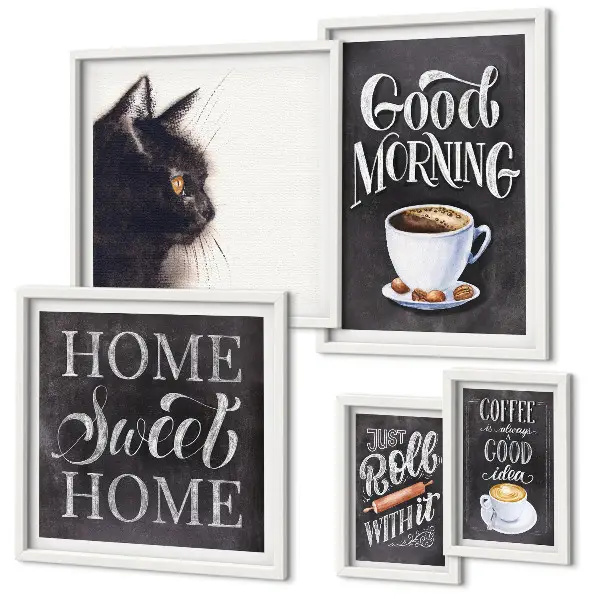 Wanddecoratie compositie met positieve koffie- en kattenspreuken