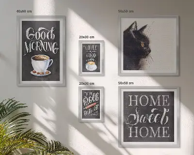 Wanddecoratie compositie met positieve koffie- en kattenspreuken