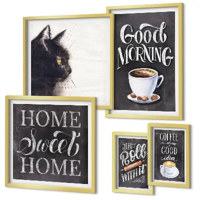 Wanddecoratie compositie met positieve koffie- en kattenspreuken