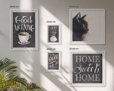 Wanddecoratie compositie met positieve koffie- en kattenspreuken