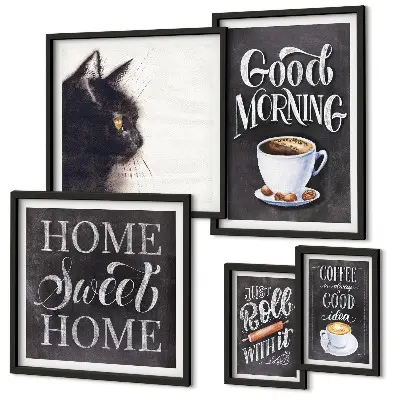 Wanddecoratie compositie met positieve koffie- en kattenspreuken