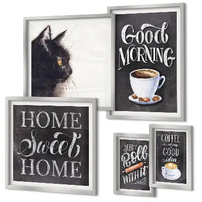 Wanddecoratie compositie met positieve koffie- en kattenspreuken