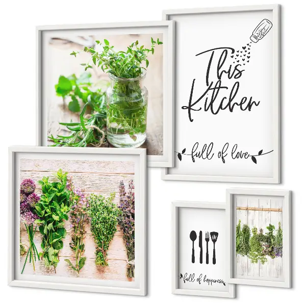 Moderne schilderijen set met keukenkruiden en koken thema