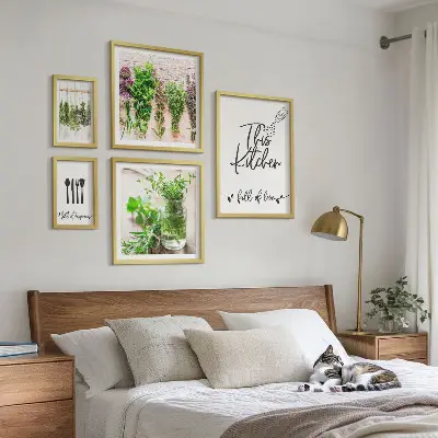 Moderne schilderijen set met keukenkruiden en koken thema