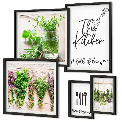 Moderne schilderijen set met keukenkruiden en koken thema