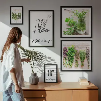 Moderne schilderijen set met keukenkruiden en koken thema