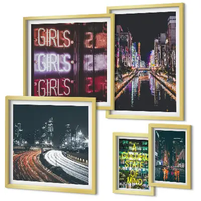 Wanddecoratie compositie moderne stad 's nachts met neonverlichting