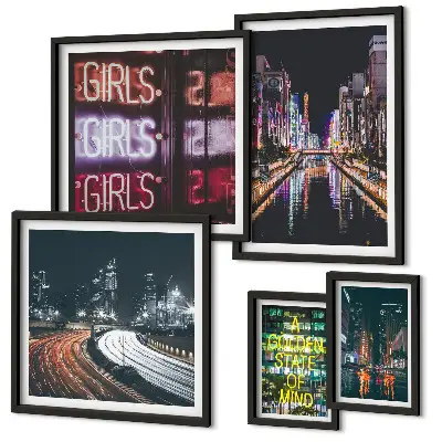 Wanddecoratie compositie moderne stad 's nachts met neonverlichting