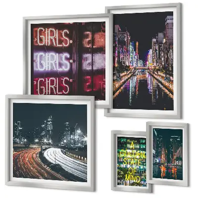 Wanddecoratie compositie moderne stad 's nachts met neonverlichting