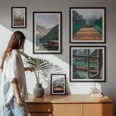 Schilderijen set met berglandschappen en meren