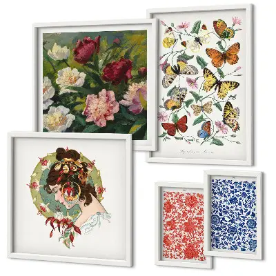 Set van moderne schilderijen met decoratieve bloemen, vlinders en vintage elementen