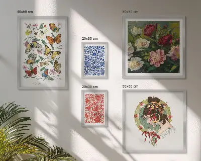 Set van moderne schilderijen met decoratieve bloemen, vlinders en vintage elementen