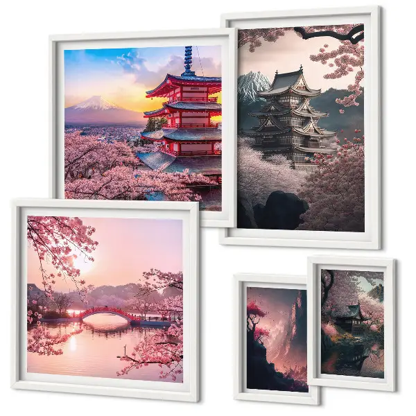 Moderne schilderijen set met Japanse landschappen en kersenbomen