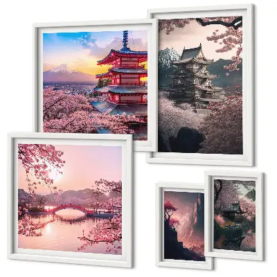 Moderne schilderijen set Japanse landschappen met kersenbomen