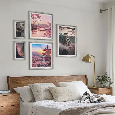 Moderne schilderijen set met Japanse landschappen en kersenbomen