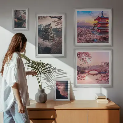 Moderne schilderijen set met Japanse landschappen en kersenbomen