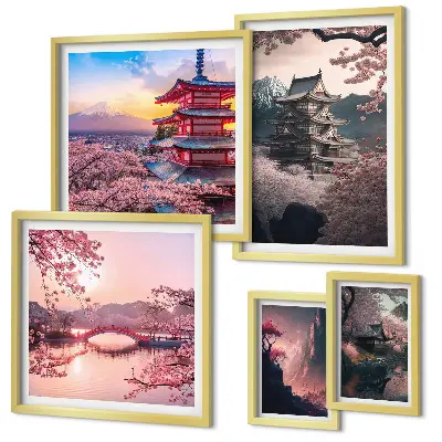 Moderne schilderijen set met Japanse landschappen en kersenbomen