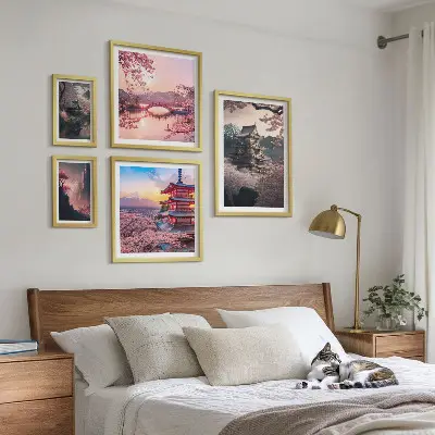 Moderne schilderijen set met Japanse landschappen en kersenbomen
