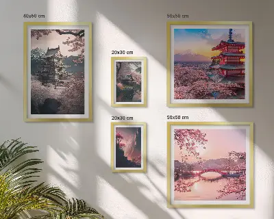 Moderne schilderijen set met Japanse landschappen en kersenbomen