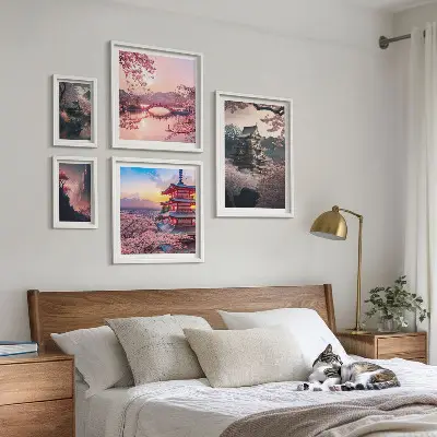 Moderne schilderijen set met Japanse landschappen en kersenbomen