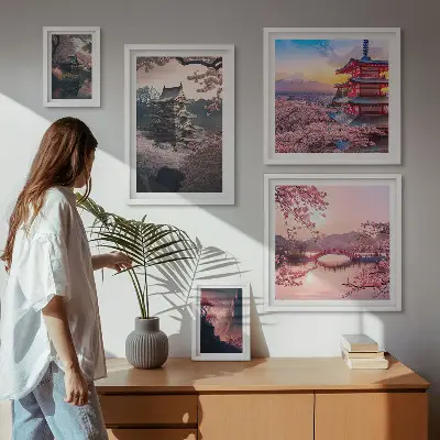 Moderne schilderijen set met Japanse landschappen en kersenbomen