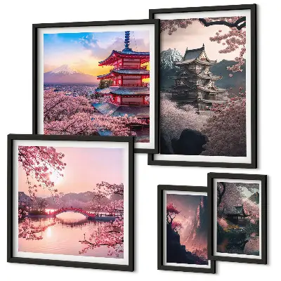 Moderne schilderijen set met Japanse landschappen en kersenbomen