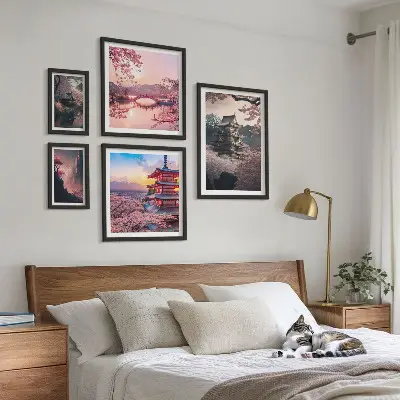 Moderne schilderijen set met Japanse landschappen en kersenbomen