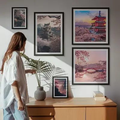Moderne schilderijen set met Japanse landschappen en kersenbomen