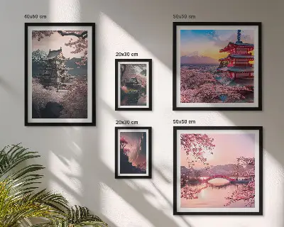 Moderne schilderijen set met Japanse landschappen en kersenbomen