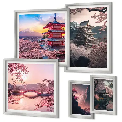 Moderne schilderijen set met Japanse landschappen en kersenbomen