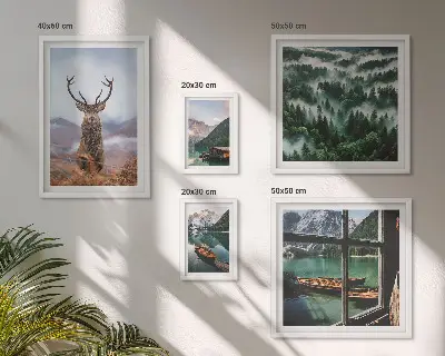 Set van moderne schilderijen met natuur, wilde dieren en bergen