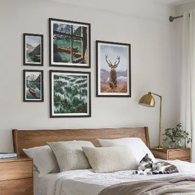 Set van moderne schilderijen met natuur, wilde dieren en bergen